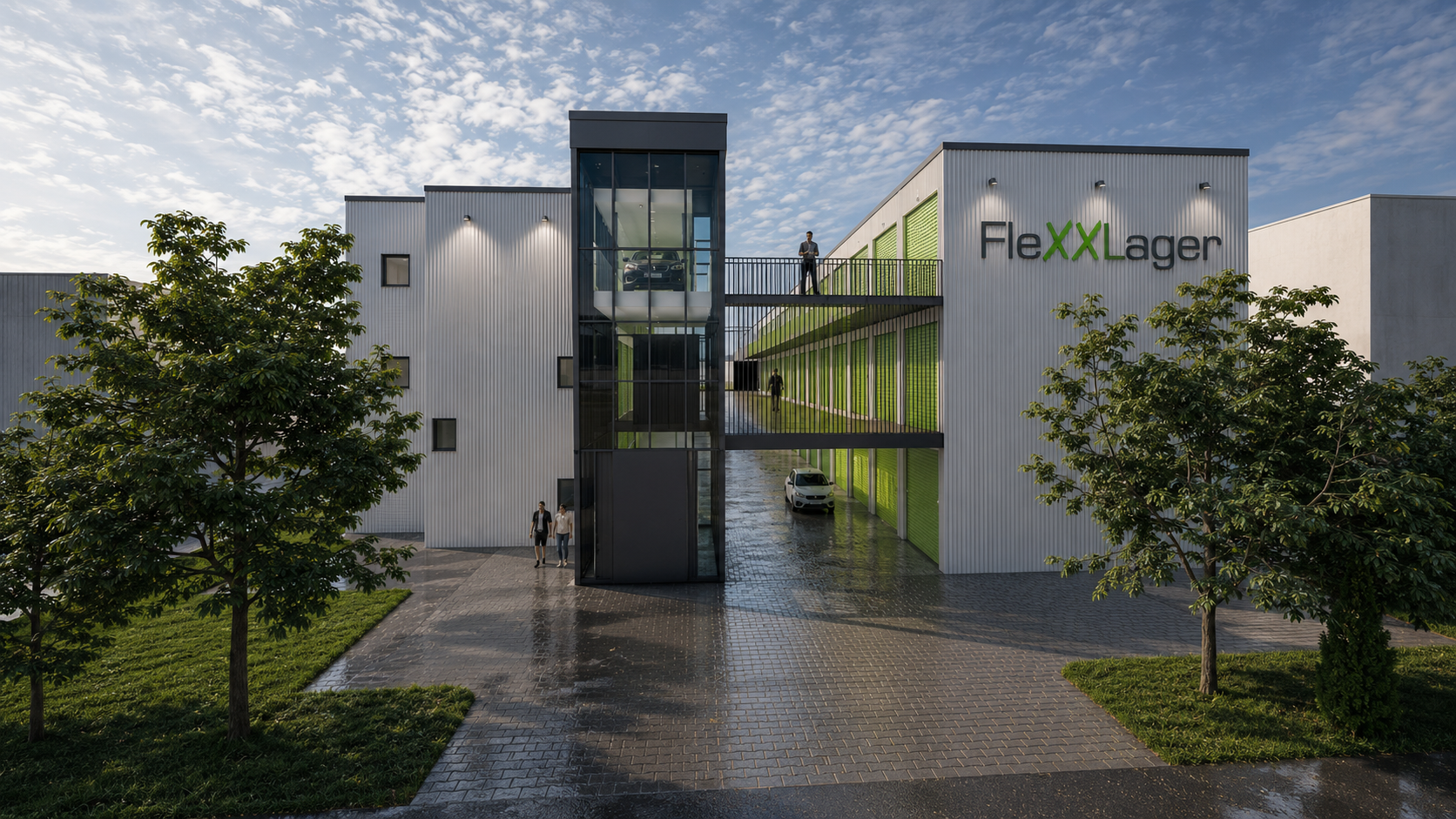Münster Projektvisualisierung mit FleXXLager-Gebäude, Zufahrt und grünen Lagertoren