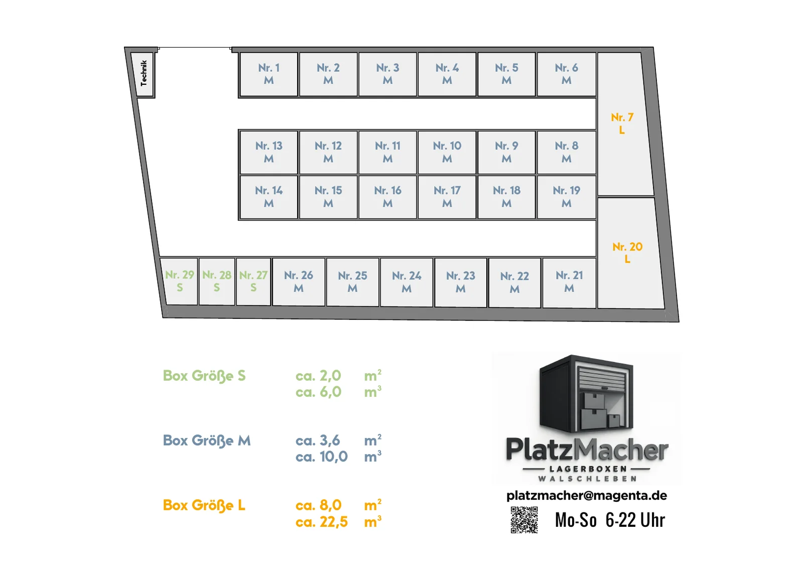 Grundriss der 29 PlatzMacher Lagerboxen in Walschleben